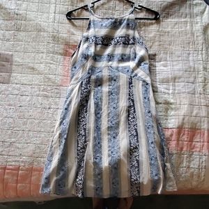 blue and cream halter open back dress